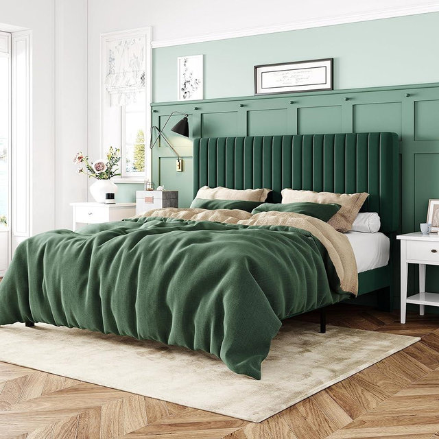 Allewie Queen Bed Frame, Velvet Upholstered Platform Bed with Adjustable Vertical Channel Tufted Headboard, Mattress Foundation with Strong Wooden Slats, Box Spring Optional, Green