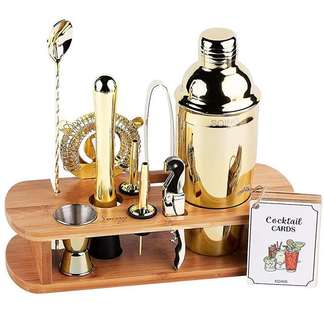 SOING Bartender Kit,11-Piece Bar Tools Set with Stylish Stand,Perfect Home Cocktail Shaker Set and Martini Set for Drink Mixing,Cocktail Recipes Cards (Gold)