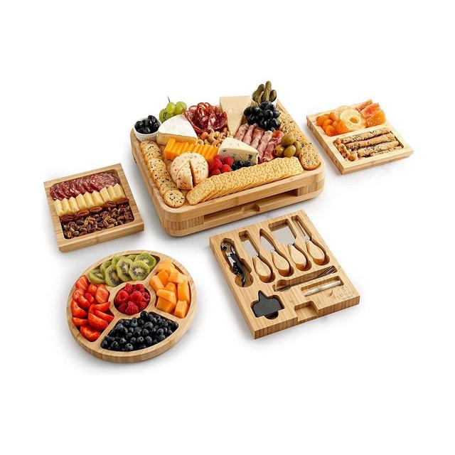 Premium Bamboo Cheese Board Deluxe Set with 4 Piece Knife Set