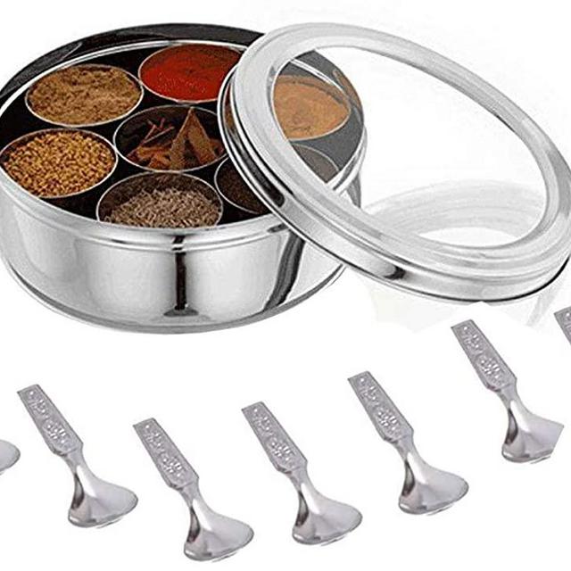 Stainless Steel Spice box with Non Breakable Transparent glass ,Stainless Steel Spice Box with 7 container and 2 spoons,Spice Box,Size 12 No,Color-Silver