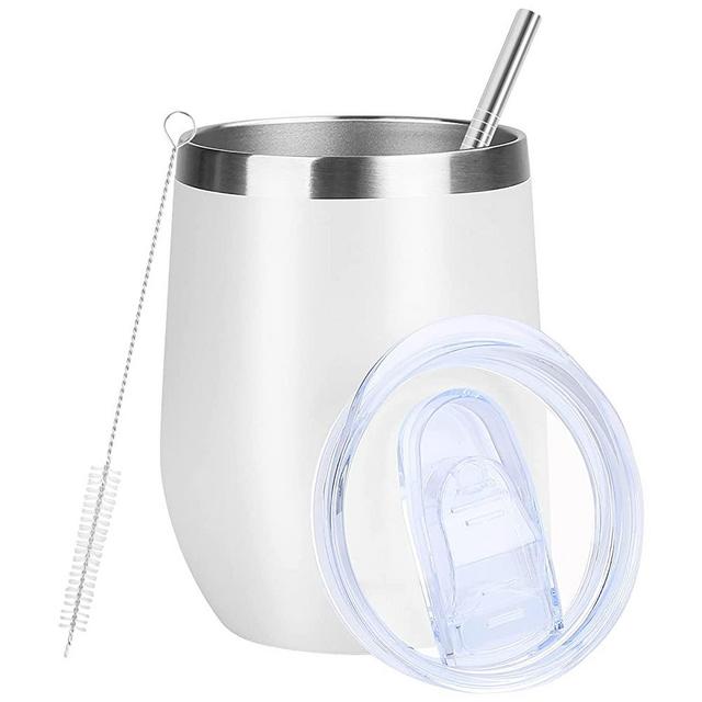 MEZMUT 12 Oz Insulated Wine Tumbler with Lid Double Wall Vacuum Stainless Steel Wine Glass Coffee Mug Insulated Tumbler Cup for Champaign, Cocktail, Beer (White, 1 Pack)