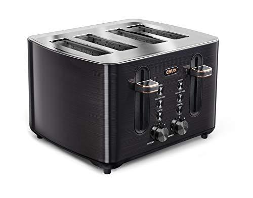 CRUX 4-Slice Toaster with Extra Wide Slots & 6 Setting Shade Control, Black Stainless Steel