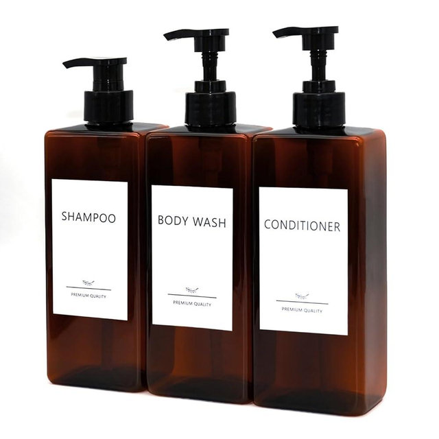 Shampoo and Conditioner Dispenser Set, 3Pack Refillable Shampoo and Conditioner Bottles with Labels, 500ml Soap Dispenser 16.9oz Shower Dispenser Square Pump Bottle for Bathroom and Kitchen - Amber