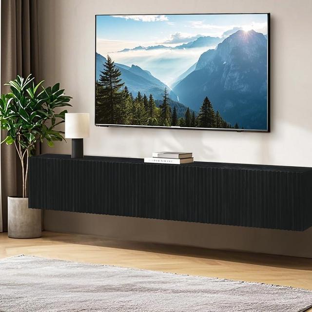 ZYBT Floating TV Stand, Modern Wall Mount Entertainment Center TV Shelf, 70.7" Media Console Under TV Storage Cabinet with Fluted Doors, TV Consoles for Living Room, Floating Cabinet for Wall (Black)