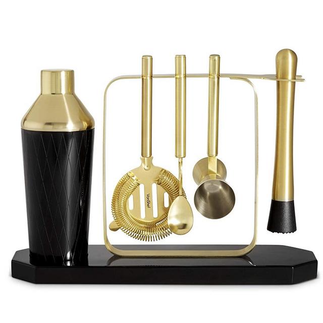 VonShef Premium Cocktail Shaker Barware Set with Display Stand, Includes Cocktail Kit: 16oz Shaker, Muddler, Bar Spoon, Hawthorne Strainer, 1oz Jigger and Recipe Book – Black and Gold
