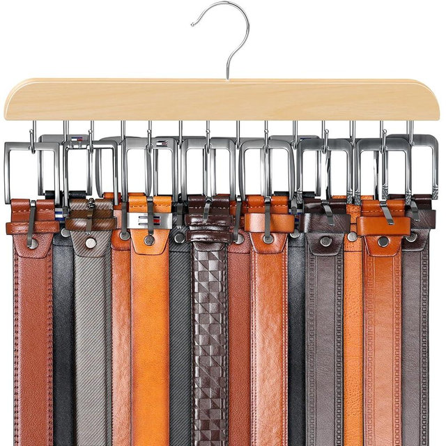 Belt Hanger for Closet Max 42 Belts, Sturdy Wood Belts Rack Closet Accessories with 14 Hooks Belt Organizer for Men Organizers and Storage -Wood 1 Pack