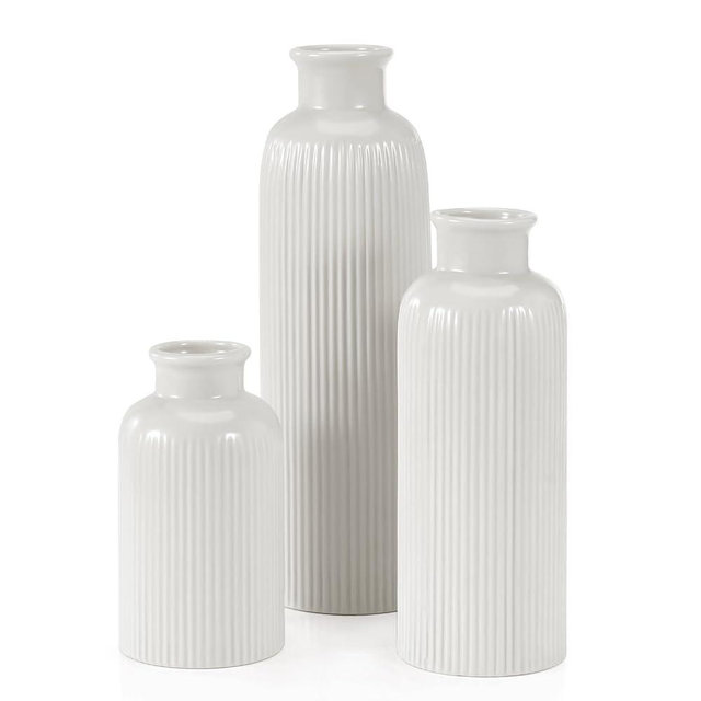 Small White Ceramic Vase Set of 3, Boho Modern White Flower Vase Room Decor, Farmhouse Decor, Vases for Your Kitchen, Bathroom, Bedroom, Living Room, Office&Shelf Centerpiece Table Decorations