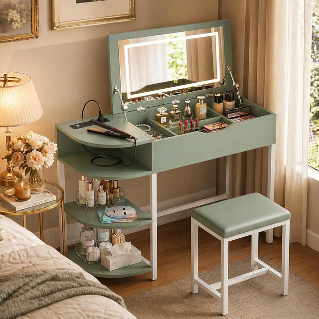 Cyclysio Vanity Desk with Flip Top Mirror and Lights, Makeup Vanity Desk with Drawers, Dressing Table with Storage Shelves & Charging Station, Small Vanity for Small Spaces, Green