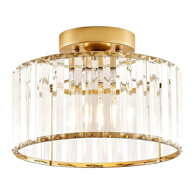 VIOLOEMI Modern Gold Semi Flush Mount Ceiling Light Crystal Hallway Light Fixture Metal Close to Ceiling Lamp for Living Room Bathroom Entryway Bedroom (Bulb Not Included)