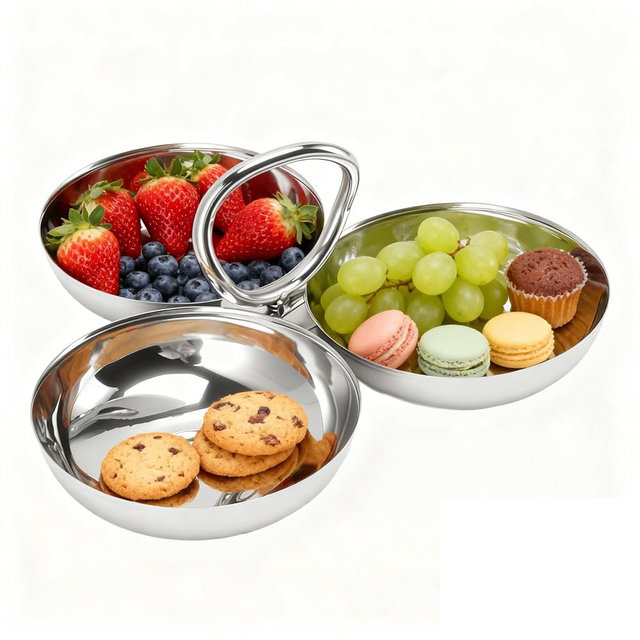 Yosoo Health Gear 304 Stainless Steel Snack Plate Durable 3 in 1 Safe Fruit Plate Portable Serving Tray for Home Kitchen Party Nut Candy (Type 2)