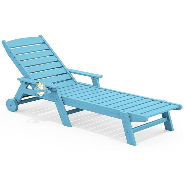 SERWALL Patio Chaise Lounge Chair, 78'' Long HDPE Outdoor Lounge Chair 5 Positions Adjustable Outdoor Lounger, Poly Lounge Chair with Rolling Wheels & Cup Holder for Pool, Light Blue
