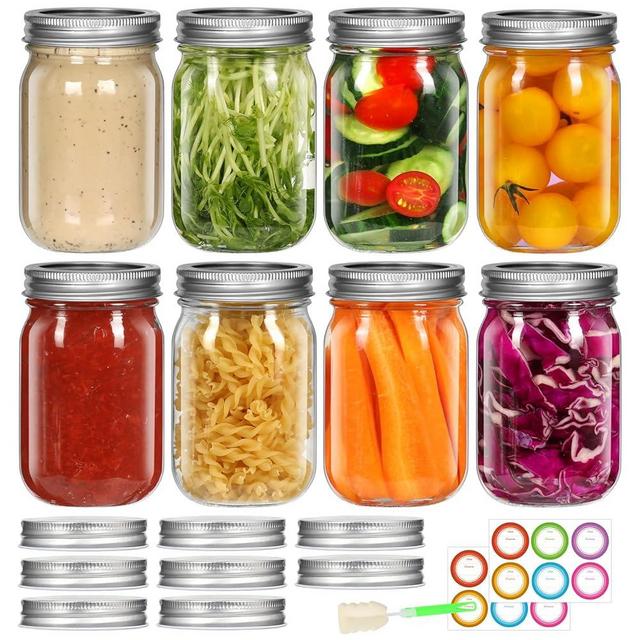Homerove 12 oz Glass Regular Mouth Mason Jar with Airtight Lid, 8 Pack Canning Jars, 8 Split-Type Lids＆8 Single Lids Included, Clear Glass Jars for Canning, Meal Prep, Candies, DIY Projects