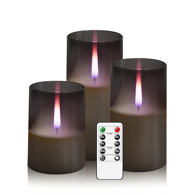 kakoya Flameless Candles Upgraded Realistic Flickering Flame LED Candles,Battery Operated Candles with Remote Timers,Acrylic Electric Candles Set of 3(D 3" xH 4" 5" 6")（Grey）