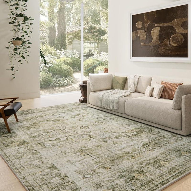 Washable Area Rugs for Living Room: 9 x12 Boho Rug Large Living Room Rug Stain Resistant Distressed Vintage Area Rug Non Slip Low Pile Faux Wool Soft Rug for Bedroom Playroom Farmhouse Dining Room