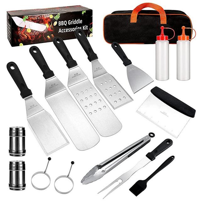 16 PCS Flat Top Griddle Accessories Set for Blackstone and Camp Chef Griddle - G.a HOMEFAVOR BBQ Tool Set Kit & Carry Bag! Metal Spatula, Griddle Scraper, Egg Rings for Teppanyaki & Gas Grill