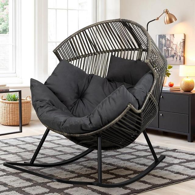 Vongrasig Wicker Rocking Egg Chair PE Rattan with Cushion, Oversized Patio Lounge Rocker Chair for Outdoor, Indoor, Balcony, Backyard, Garden, Black/Rattan