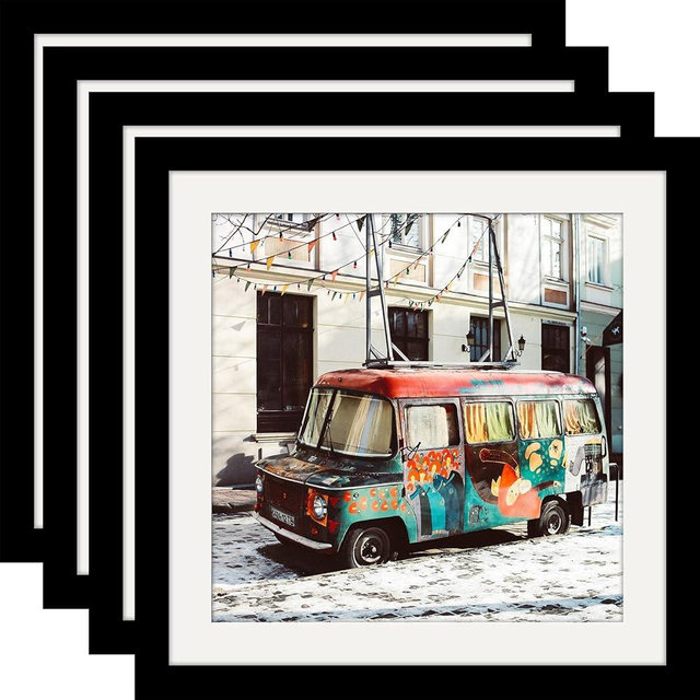10x10 Black Picture Frames Square Classic Natural Wood 4 Pack for Wall Mounting and Tabletop Display