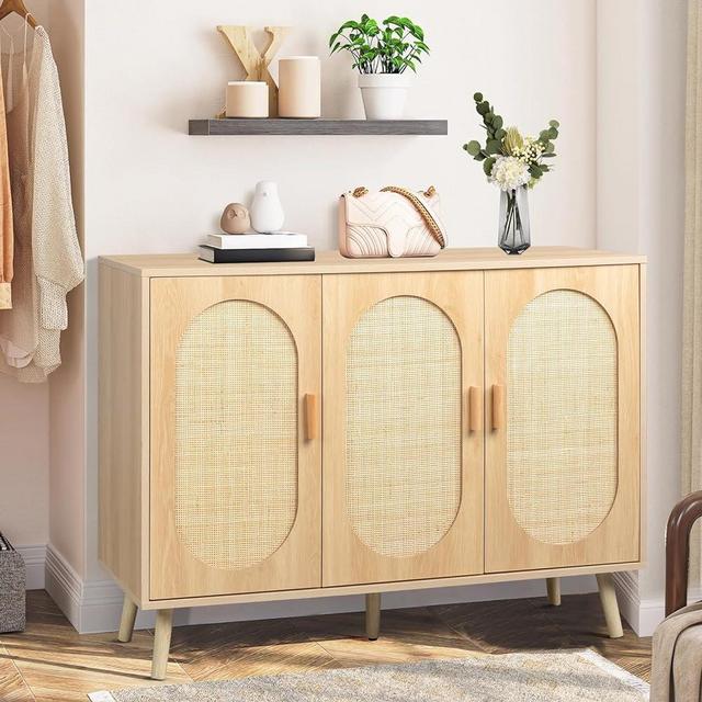 Generic Modern Rattan Shoe Cabinet with 3 Door Freestanding Storage, 4 Tier Shoe Rack Storage, Adjustable Shelves for Living Room, Bedroom, Hallway Decorative Cabinet, Natural Color.