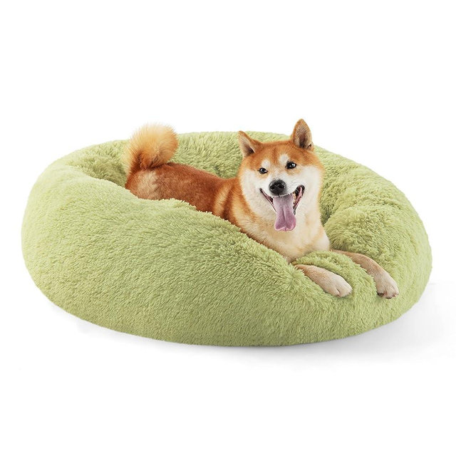 Bedsure Calming Dog Bed for Medium Dogs - Donut Washable Medium Pet Bed, Anti-Slip Round Fluffy Plush Faux Fur Cat Bed, Fits up to 45 lbs Pets, Green, 30 inches