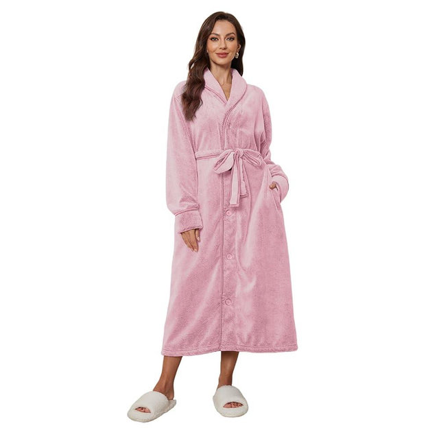 RONGTAI Women's Plush Fleece Robe with Buttons - Extra Long & Plus Size Winter Bathrobe for Women, Cozy Hooded Loungewear