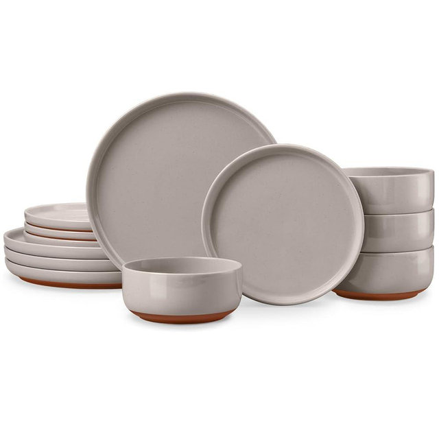 E-far 12-Piece Ceramic Dinnerware Sets, Plates and Bowls Sets for 4, Stoneware Dishware Dishes Set with Terracotta Base, Chip & Scratch Resistant, Microwave & Dishwasher Safe, Speckled Khaki