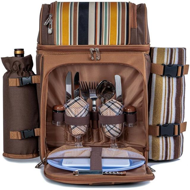 ALLCAMP Picnic Basket Backpack Cooler for 2 Person with 2 Insulated Cooler Compartment,Detachable Bottle/Wine Holder, Fleece Blanket, Plates and Cutlery for Family,Couple and Friend gatherings (Brown)