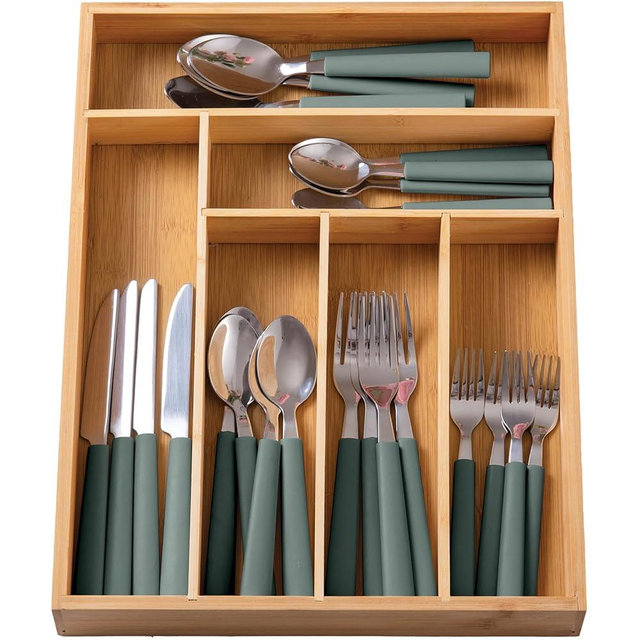 COOK WITH COLOR Bamboo Kitchen Utensil Set with Drawer Organizer | Cooking Tools and Storage Caddy, Sage, 25 Piece Cutlery Set