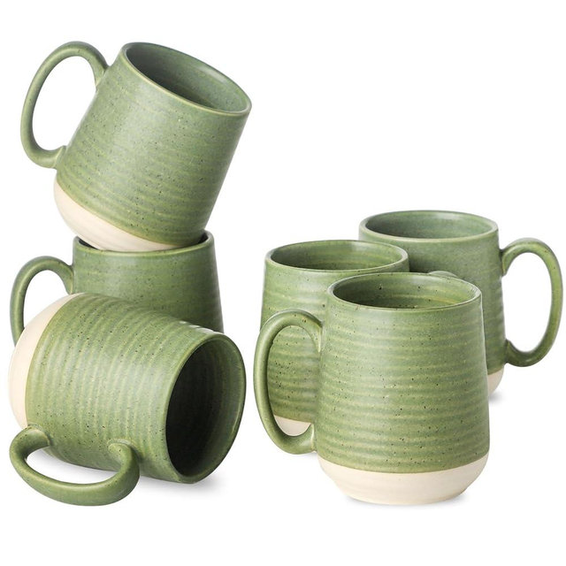 Hasense Porcelain Coffee Mugs Set of 6, 15 Ounce Large Ceramic Coffee Cups Set with Handle for Latte, Tea, Cocoa and Hot Chocolate, Green Coffee Mugs for Men and Women, Microwave Safe