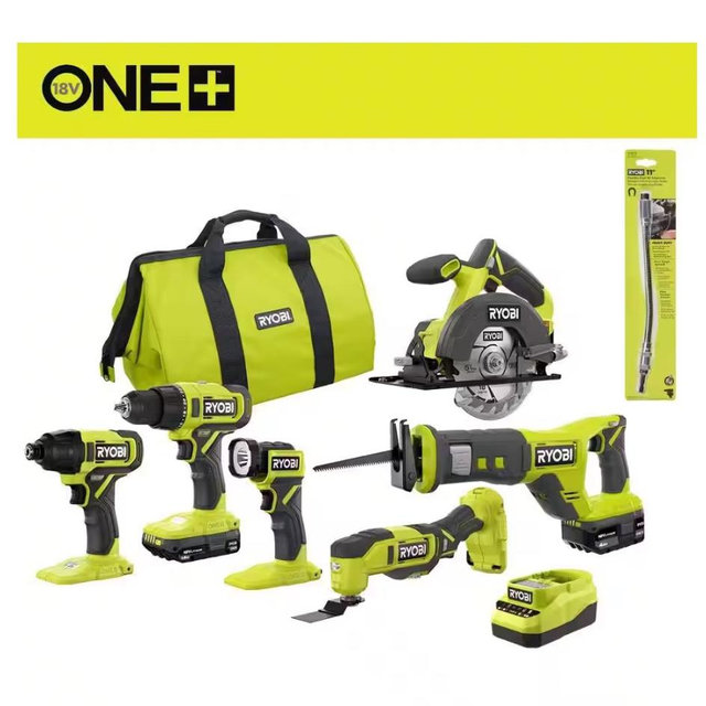 One+ 18V Cordless 6-Tool Combo Kit with 1.5 Ah Battery, 4.0 Ah Battery, Charger, and 11 in. Flexible Shaft Bit Holder