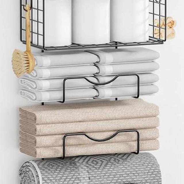 LIDTOP Towel Racks for Bathroom,Towel Rack Wall Mounted, 6 Tier Rolled Or Folded Towel Holder with Floating Shelves, Bathroom Towel Holder for Bath, Hand Towels,Metal and Wood,Full Black