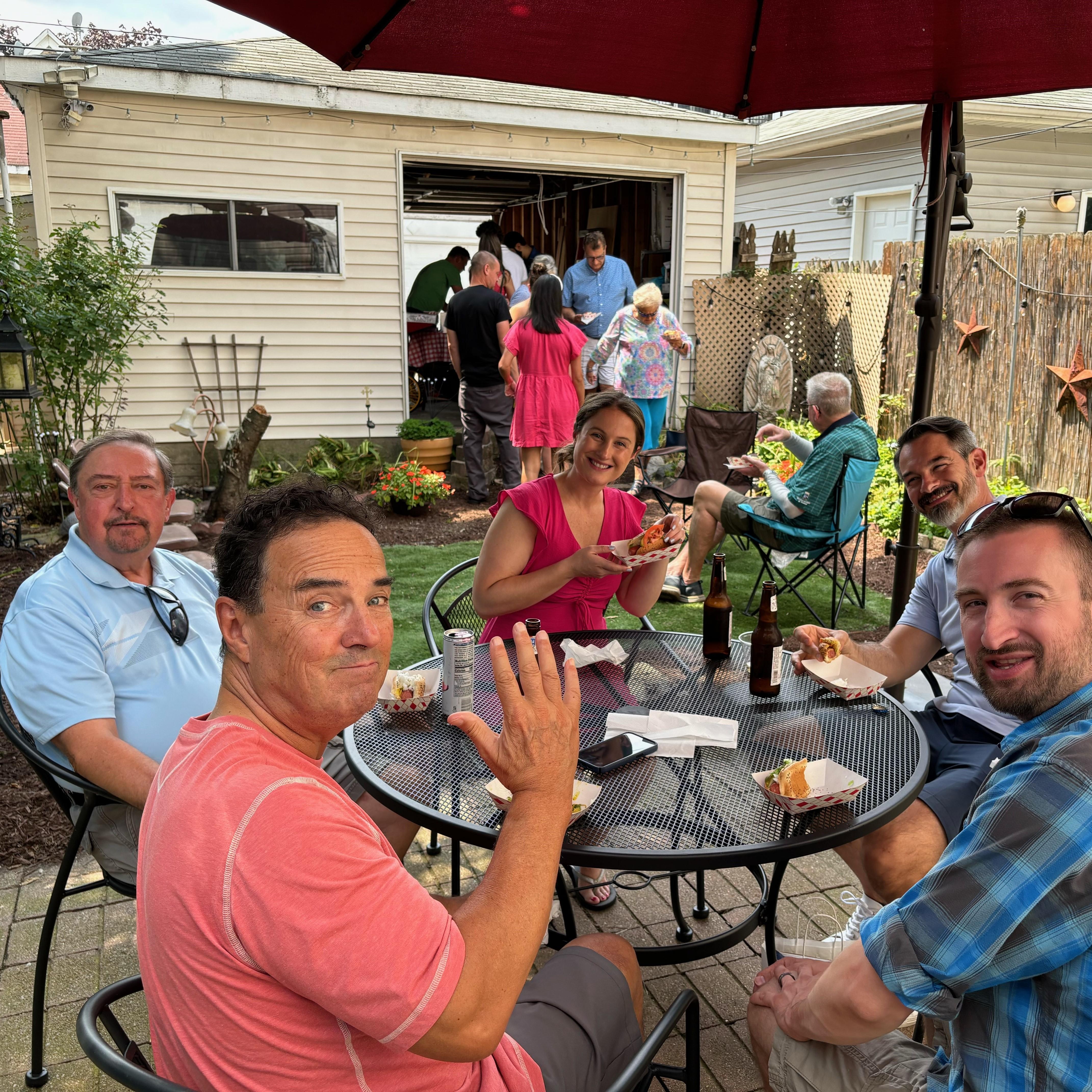 Our backyard has a party-door that opens into the back of the garage. We set up a hotdog and italian beef cart!