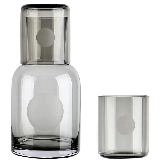 Sattyge Bedside Water Carafe, Night Water Carafe with Tumbler, Nightstand Water Carafe and Glass, Glass Cup Set Gray Glass Pitcher Glass Mouthwash Bottle for Bathroom, 25 oz, 3 Pieces Water Set