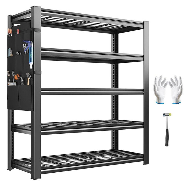 REIBII Storage Shelves, Heavy Duty Garage Shelving Load 2500LBS, 5-Tier Garage Shelves with Tool Storage Bag, Adjustable Industrial Metal Shelving for Basement, 66" H x38.2 W x16 D, Black
