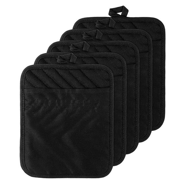 GROBRO7 5Pack Cotton Pocket Pot Holder Set Kitchen Heat Resistant Potholder Machine Washable Terry Cloth Potholders Bulk Oven Mitts Black Plain Hot Pads Trivet for Baking Cooking with Pocket 7x9