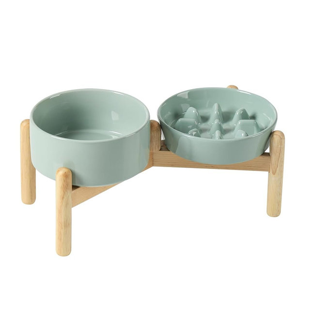 Havniva 6.1” Raised Slow Feeder Dog Bowls Set, 0.9 Cups Ceramic Slow Feeder Dog Bowl and 6.1” Dog Water Bowl with Elevated Wooden Stand Puzzle Dog Food Bowl for Small Dogs Anti-Gulping & Anti-Choking