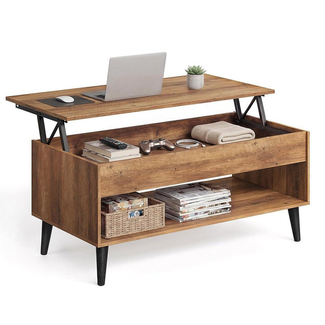 VASAGLE Lift Top Coffee Table, Lift Tabletop Dining Table, Gas Spring, Hidden Compartment, Open Storage Shelf, for Living Room, Home Office, Honey Brown ULCT268KB01S