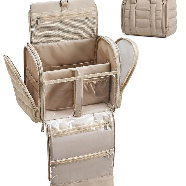 BAGSMART Puffy Travel Makeup Bag, Portable Hanging Toiletry Organizer with Removable Partition, Organizer for Travel-Sized Shampoo, Conditioner, Brushes Set, makeup Accessories, Camel
