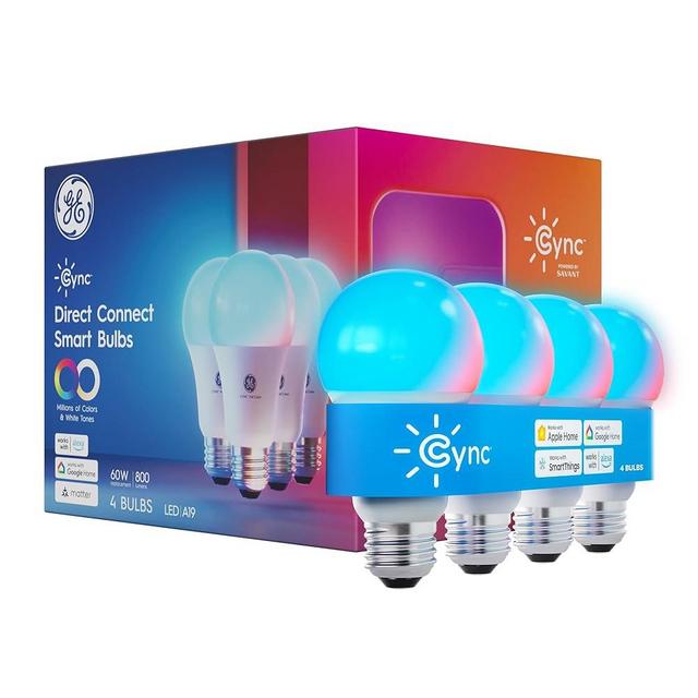 GE Cync A19 Smart LED Light Bulbs, Color Changing Room Décor, Works with Alexa and Google Home, Matter Compatible, LED Lights for Bedroom, Millions of Colors and White Dones (4 Pack)
