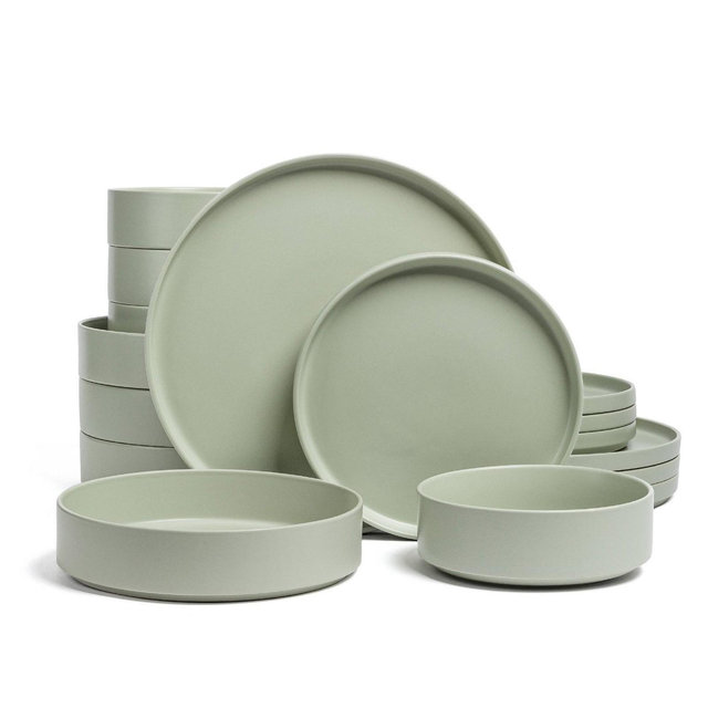 over&back 16pc Stackable Hand-Finished Stoneware Dinnerware Set Semi-Matte Sage: Microwave & Dishwasher Safe, Service for 4