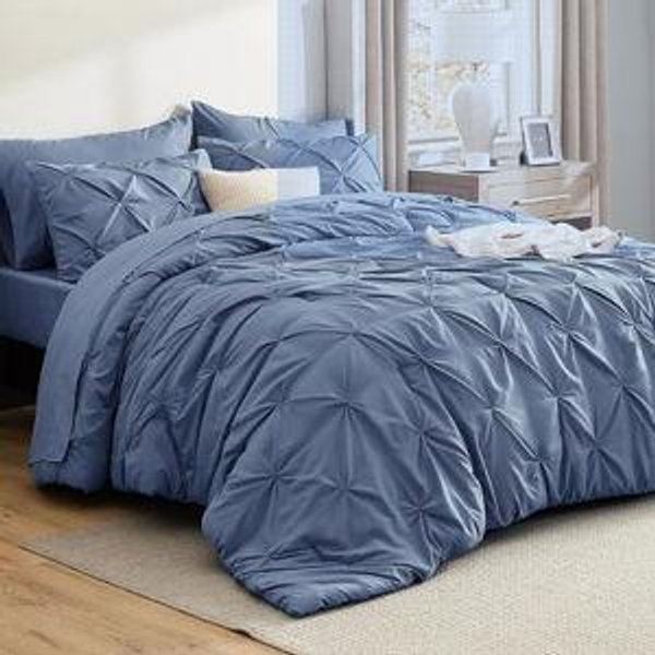 Bedsure Queen Comforter Set Slate Blue - Bed in a Bag Queen Size Bedding 7 Pieces, GentleSoft™ Pintuck Bed Set Gift for Family, Pinch Pleat All Season Comforter with Sheets, Pillowcases & Shams