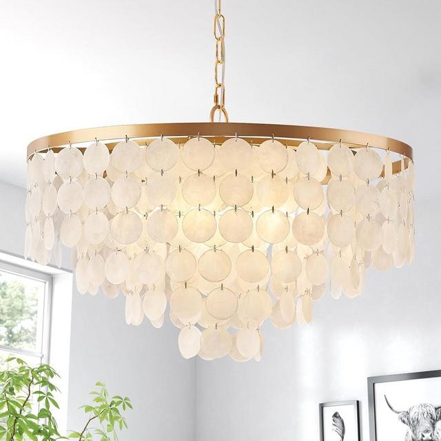HLMRCHEN 24" Capiz Shell Chandelier, 5 Light Gold Dining Room Light Fixture Modern Coastal Chandeliers for Bedroom Bathroom Kitchen and Foyer(White Seashell Lighting Fixtures)
