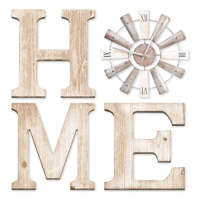 Farmhouse Home Signs with Windmill Clock Wall Decor Rustic Home Letters Wall Art for Living Room Kitchen Entryway Dining Room Bedroom (water-white)