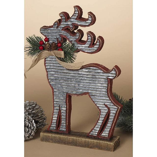 13-Inch Corrugated Metal Standing Reindeer Christmas Figure with Pinecones, Berries, and Burlap Bow – Tabletop Holiday Deer Figurine Decoration – Mantle, Table, or Office Desk Decor