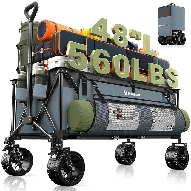 Hikemoon 300L Extra Large Wagons Carts Foldable, 560LBS Heavy Duty Collapsible Beach Wagon 48" Long with Big All-Terrain Wheels, Utility Folding Cart for Camping, Grocery, Sports, Garden, Blue & Grey