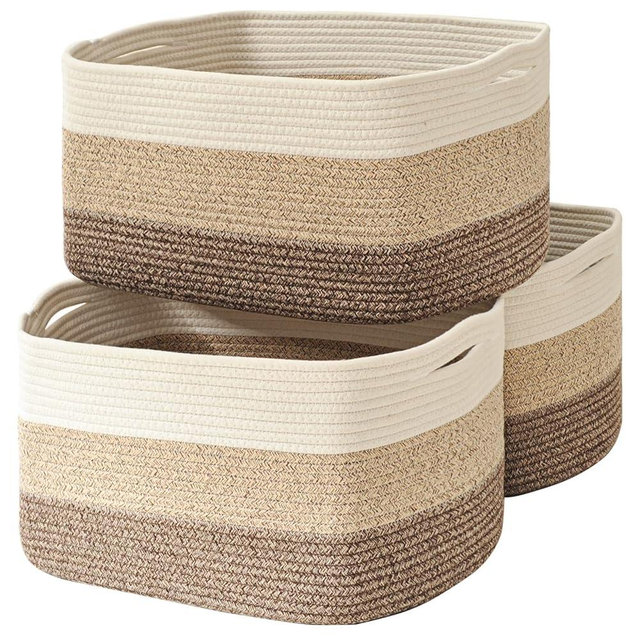 ICERZCZ Large Storage Baskets for Organizing Shelves, Woven Cotton Rope Bins for Baby Nursery Organization, Book Toy Towel Organizer, 17"x13"x9.5", 3 Packs, Gradient Brown