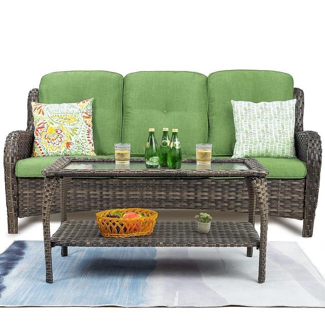 Joyside Patio Furniture Set 2-Piece Wicker Outdoor Furniture Conversational Sets with 3-Seat Sofa, Patio Rattan Coffee Table Patio Rattan Wicker Sectional Sofa Set with Cushions(Mixed Grey/Green)