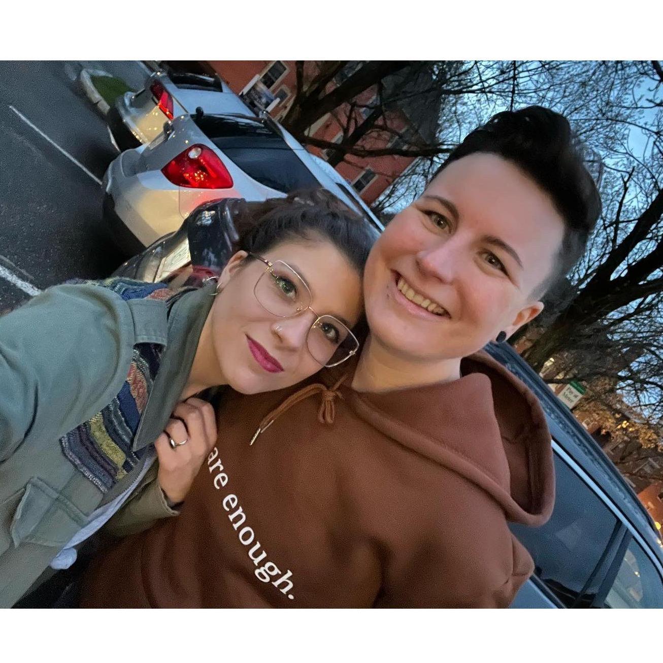 Kimayo and Ash on their way to Femme's and Them's, a monthly community hang at Ember Restaurant. Dover, NH - Tuesday, May. 2nd, 2023