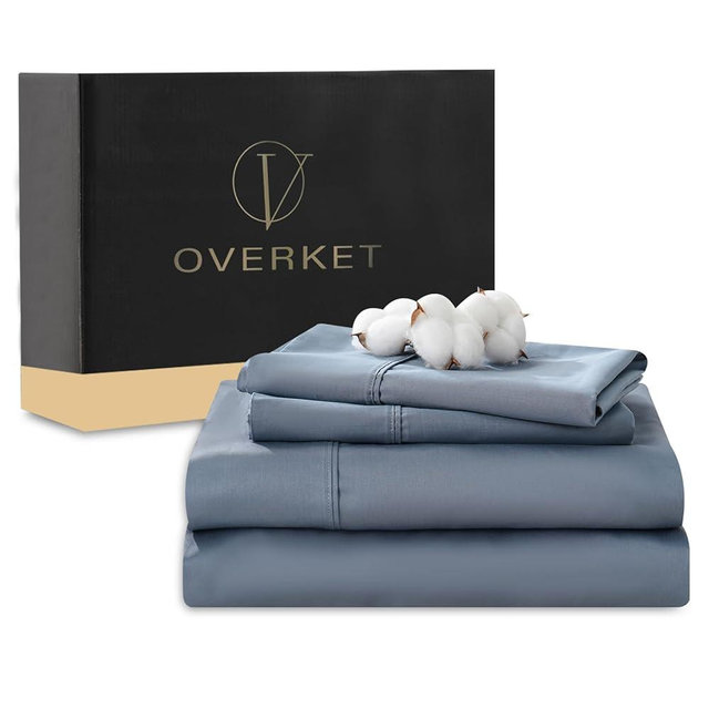 Overket 100% Egyptian Cotton Sheets King Size 4PCS 1000 Thread Count Sateen Weave Soft Breathable 16-Inch Deep Pocket （King,Dusty Blue）