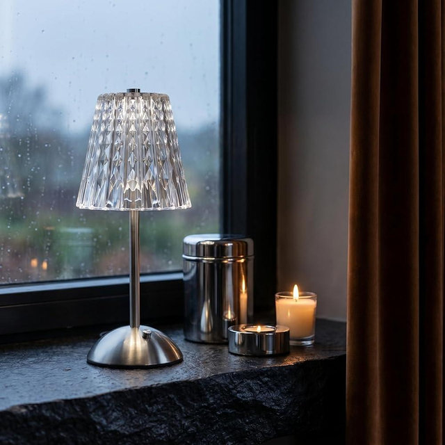 Jeomilux Cordless Crystal Table Lamp, Rechargeable LED Nightstand Lamp with Touch Control & Stepless Dimming, Portable Vintage Bedside Lamp for Bedroom, Living Room, Kitchen & Home Decor (Silvery)