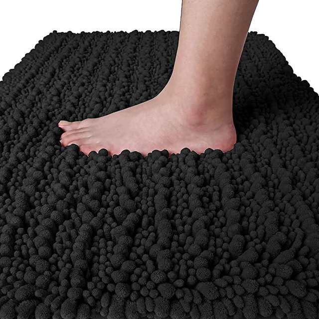 Yimobra Original Luxury Chenille Bath Mat, 24 x 17 Inches, Soft Shaggy and Comfortable, Large Size, Super Absorbent and Thick, Non-Slip, Machine Washable, Perfect for Bathroom, Black